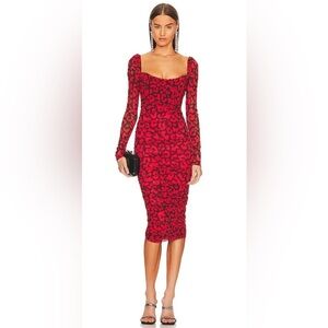 Michael Costello Red Animal Print Long Sleeve Dress